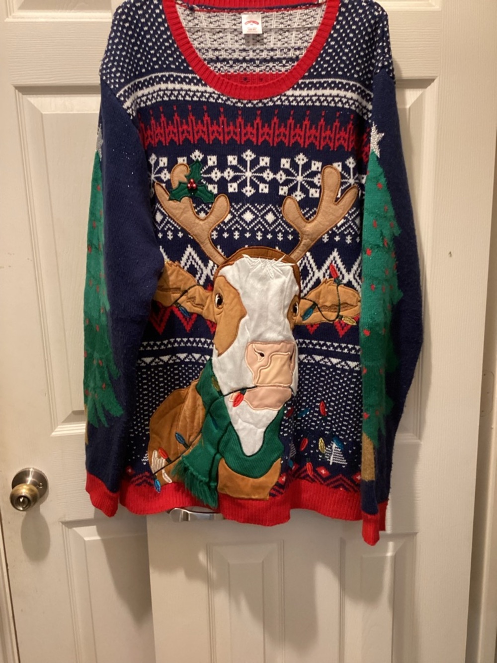 Holiday Time Navy, Green & Red Cow Crewneck Sweater